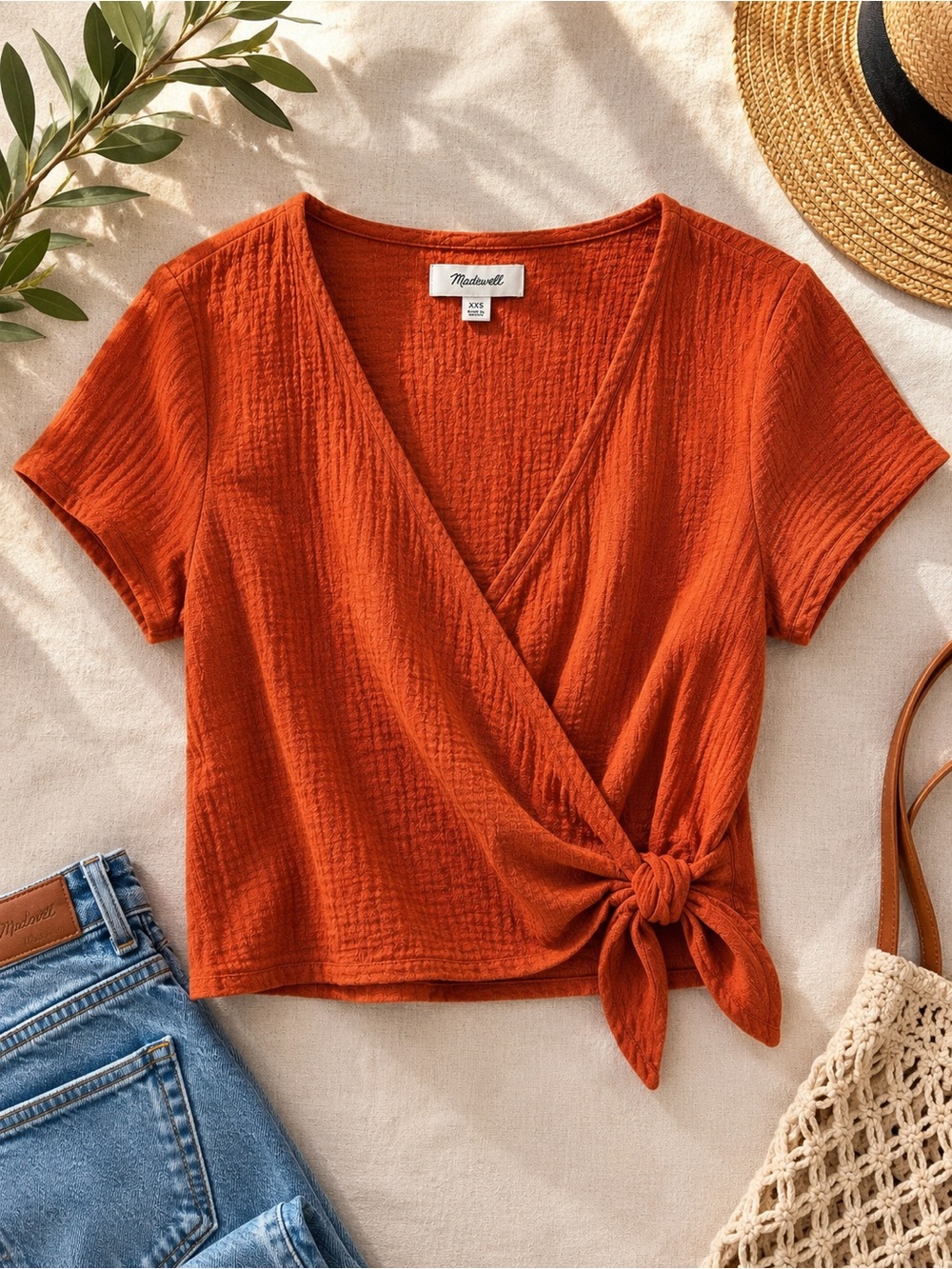 Madewell Rust Orange Cotton Side Tie Wrap Top XXS